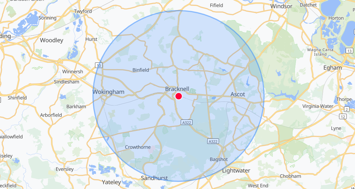 Map showing Moody Barbers service coverage around Bracknell and nearby areas